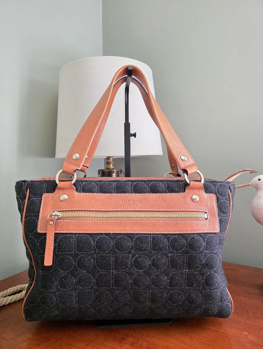 Kate Spade WKRU0223 Quilted Wool Dark Gray Tan Leather Tote Shoulder Bag